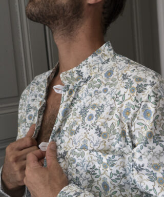 Fleurs Pois et Cie - Pyjama homme 100% coton fabriqué en France – Blanc/vert foncé/vert clair/Bleu ciel