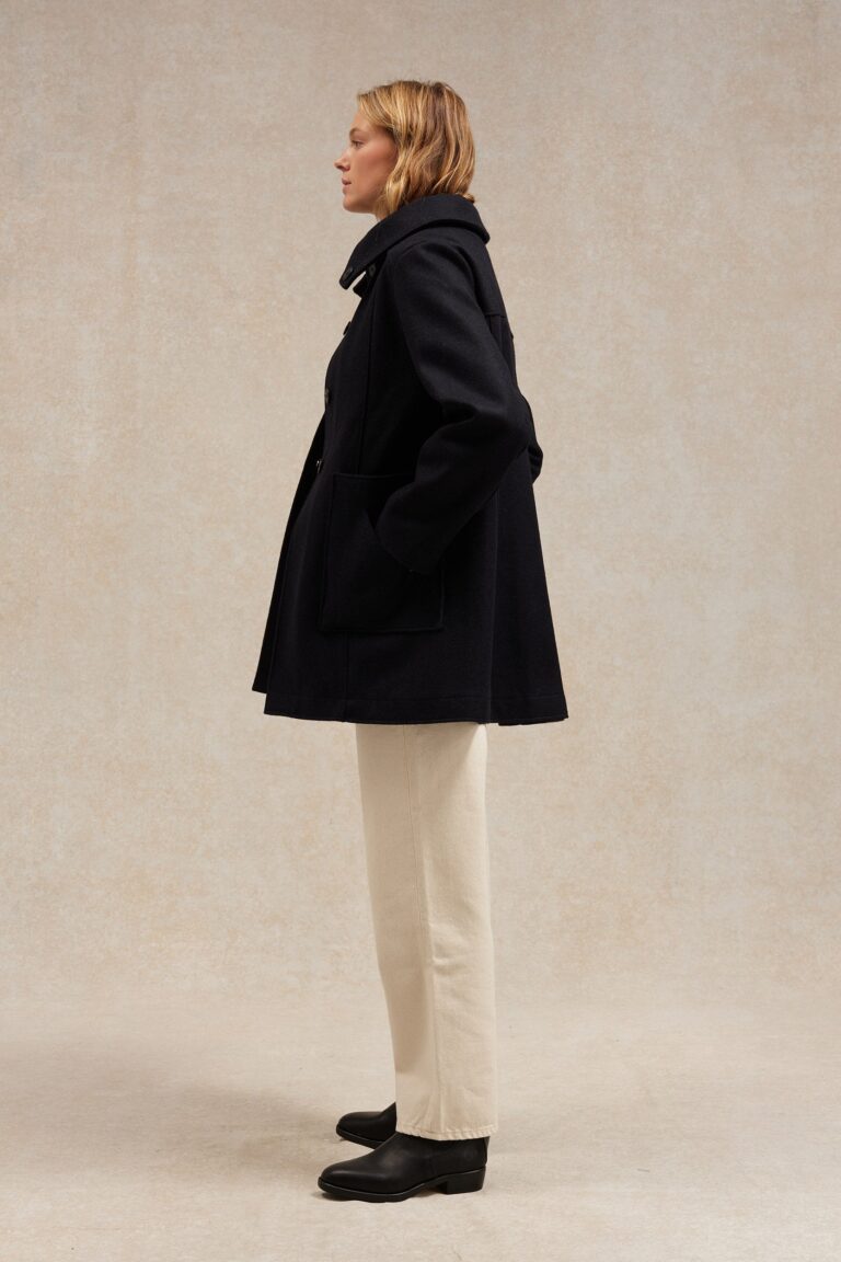 Le Minor - Manteau bleu marine 1976 en drap de laine pour femme – XL