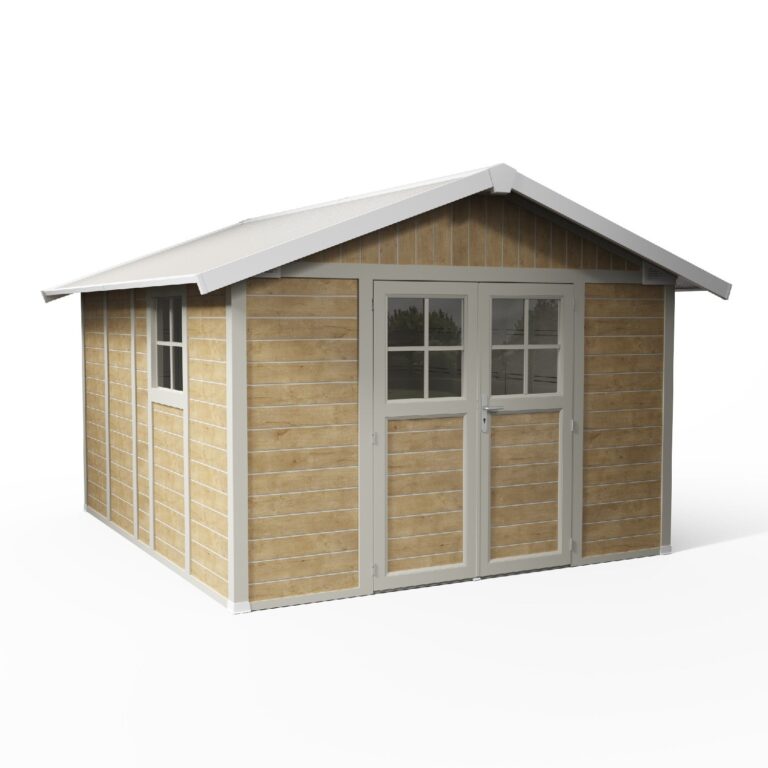 Grosfillex B2C - Abri de jardin 11 m² Sherwood Déco – Bois naturel - blanc