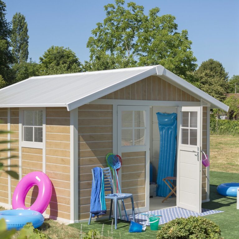 Grosfillex B2C - Abri de jardin 11 m² Sherwood Déco – Bois naturel - blanc