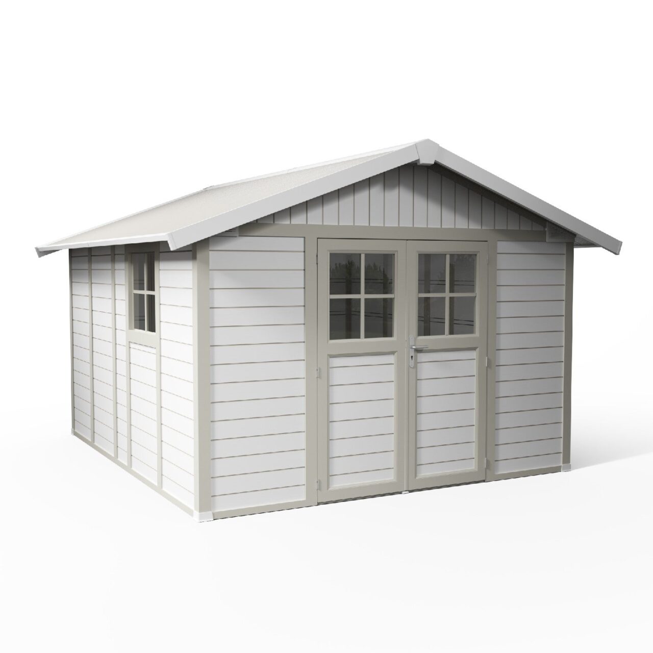 9841 Grosfillex B2C - Abri de jardin 11 m² blanc-gris_vert Déco – blanc-liserets gris-vert