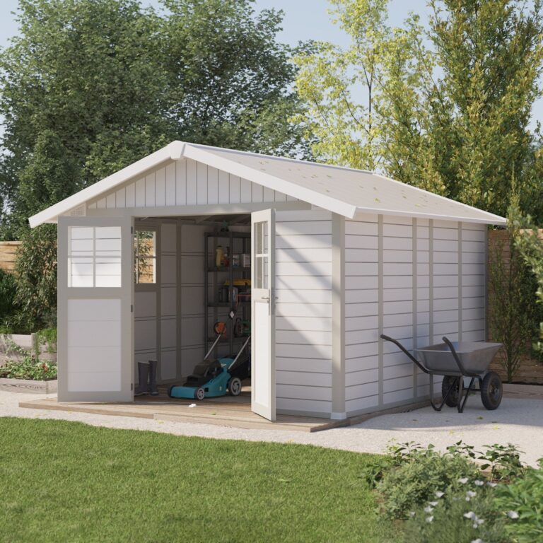 Grosfillex B2C - Abri de jardin 11 m² blanc-gris_vert Déco – blanc-liserets gris-vert