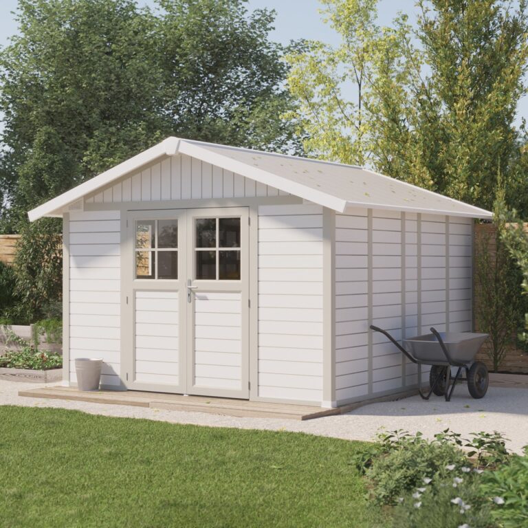 Grosfillex B2C - Abri de jardin 11 m² blanc-gris_vert Déco – blanc-liserets gris-vert