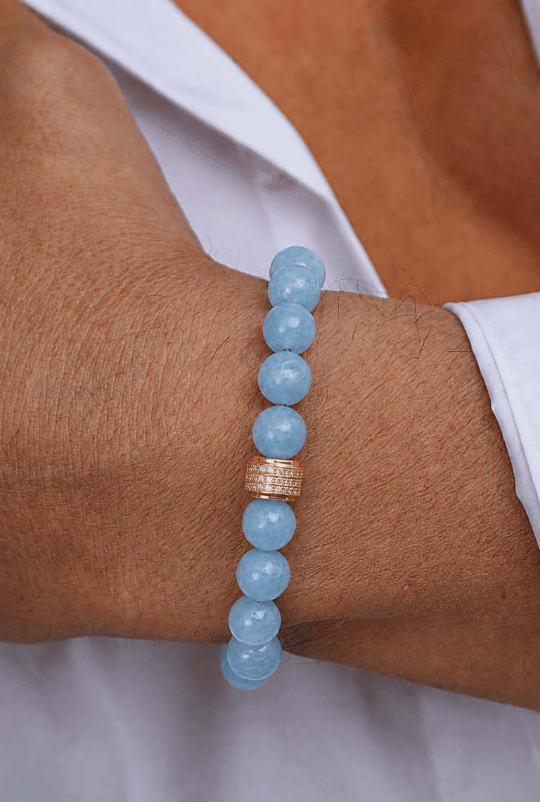 NEIJE - Bracelet Homme Aigue Marine Or Jaune – XL (poignet de 19 à 21 cm)
