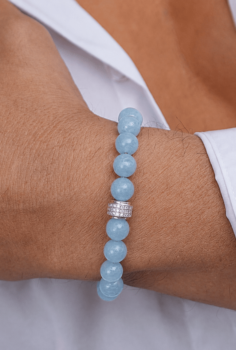 NEIJE - Bracelet Homme Aigue Marine Or Blanc – XL (poignet de 19 à 21 cm)