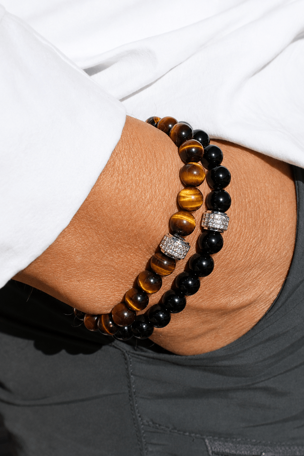 NEIJE - Coffret Duo de Bracelets Onyx & Oeil de Tigre - Or Blanc – XL (poignet de 19 à 21 cm)