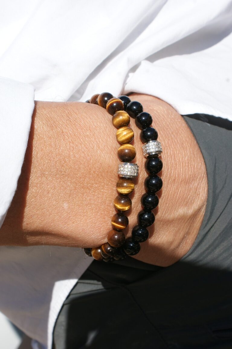 NEIJE - Coffret Duo de Bracelets Onyx & Oeil de Tigre - Or Blanc – XL (poignet de 19 à 21 cm)
