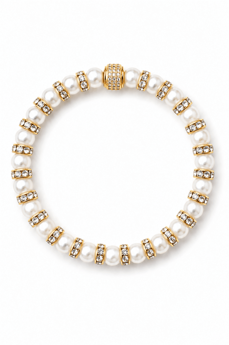 NEIJE - Parure Collier & Bracelet Perles de Culture Blanches avec Diamants - Madame Bovary – L (poignet de 17 à 19 cm) / 50 cm + extension de 5 cm