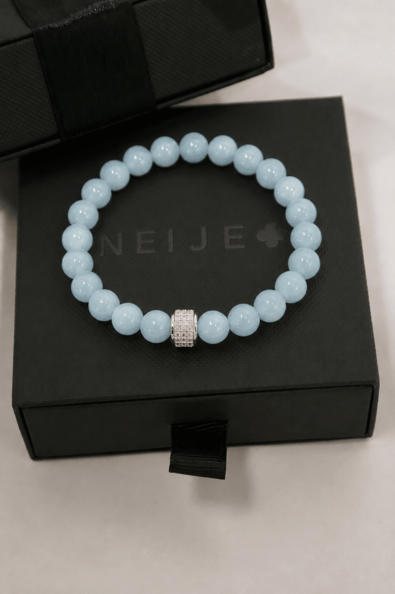 NEIJE - Bracelet Aigue Marine Or Blanc – XL (poignet de 19 à 21 cm)