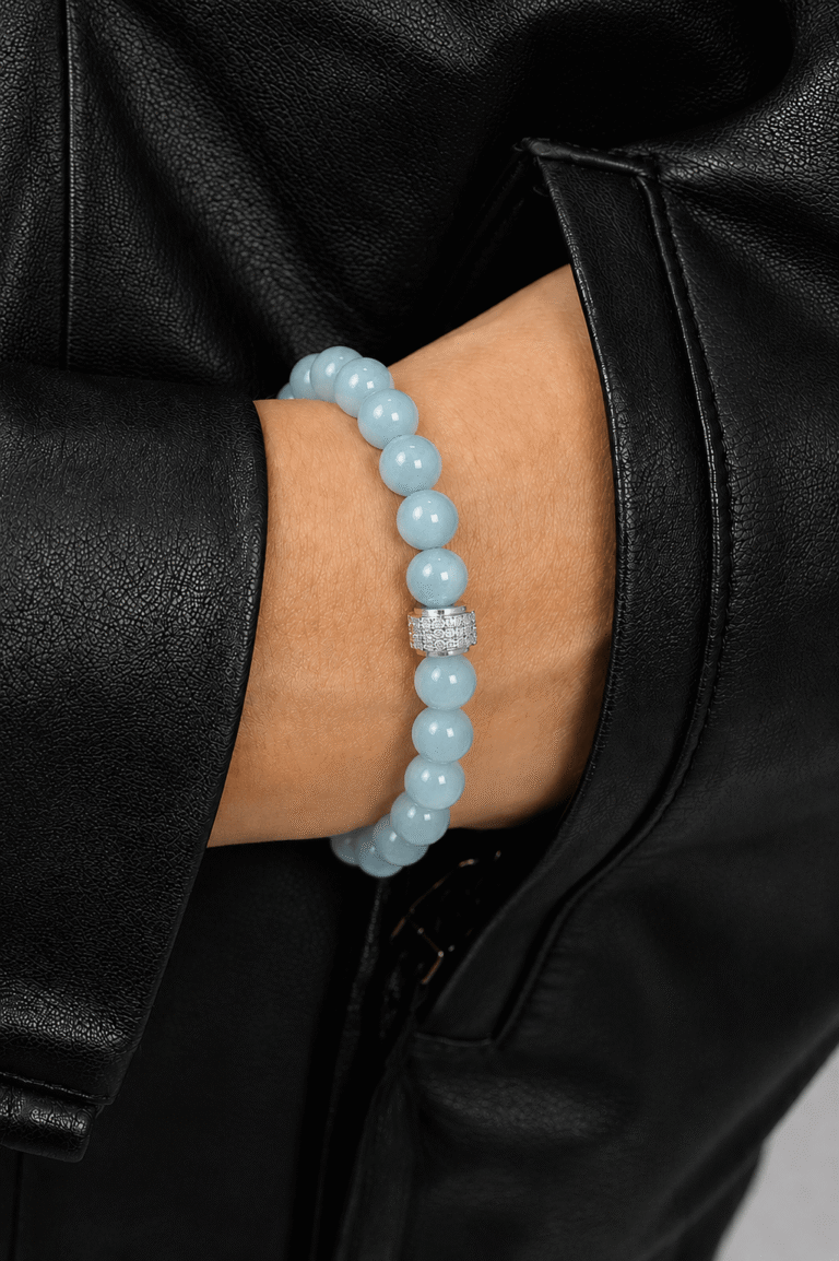 NEIJE - Bracelet Aigue Marine Or Blanc – XL (poignet de 19 à 21 cm)