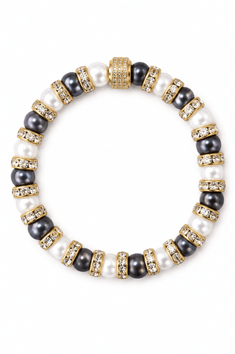 NEIJE - Parure Collier & Bracelet Perles de Culture Noires et Blanches avec Diamants - Schachmatt – L (poignet de 17 à 19 cm) / 50 cm + extension de 5 cm