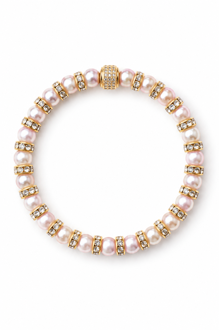 NEIJE - Parure Collier & Bracelet Perles de Culture Roses avec Diamants - Madame Bovary – L (poignet de 17 à 19 cm) / 50 cm + extension de 5 cm