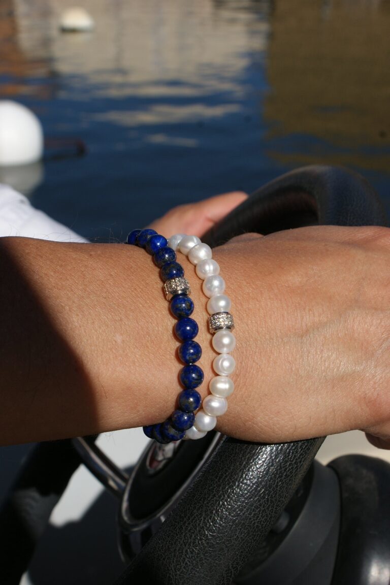 NEIJE - Coffret Duo de Bracelets Lapis Lazuli & Perles d'eau douce - Or Blanc – XL (poignet de 19 à 21 cm)