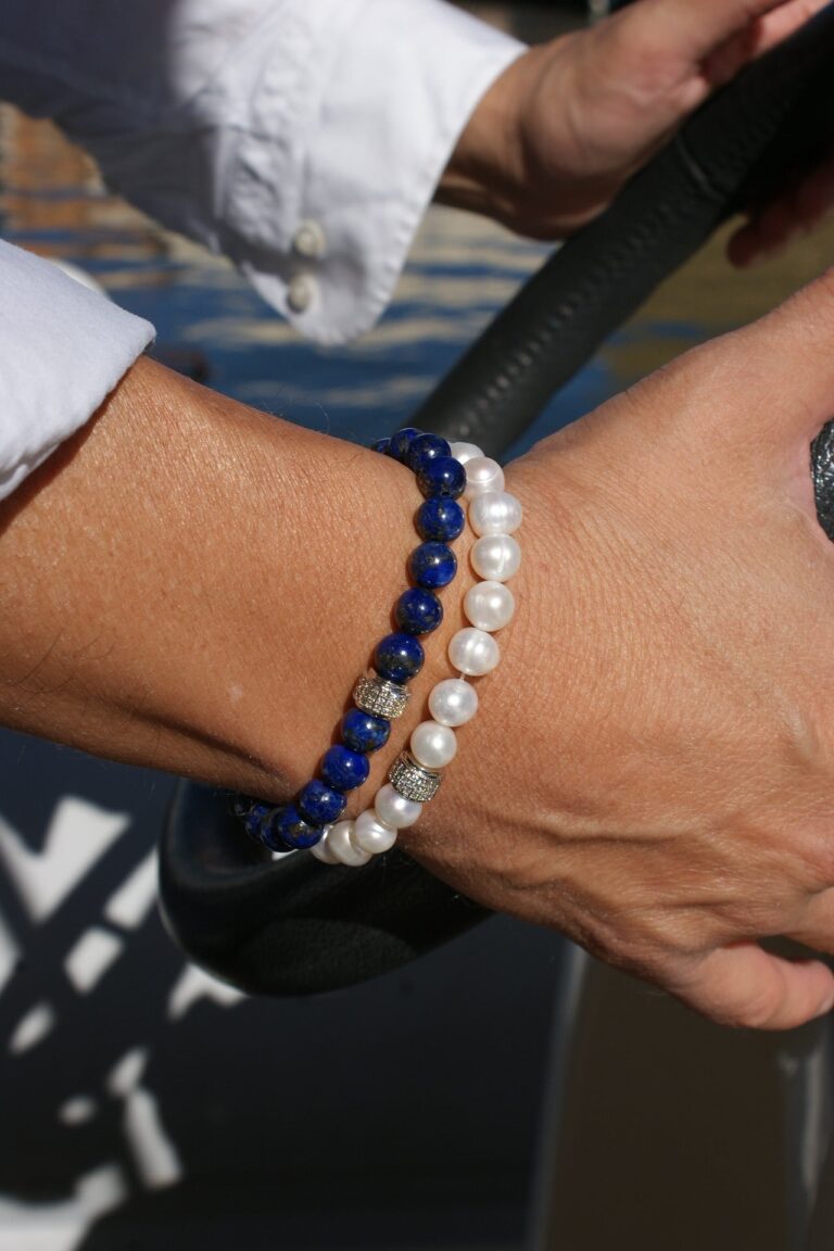 NEIJE - Coffret Duo de Bracelets Lapis Lazuli & Perles d'eau douce - Or Blanc – XL (poignet de 19 à 21 cm)
