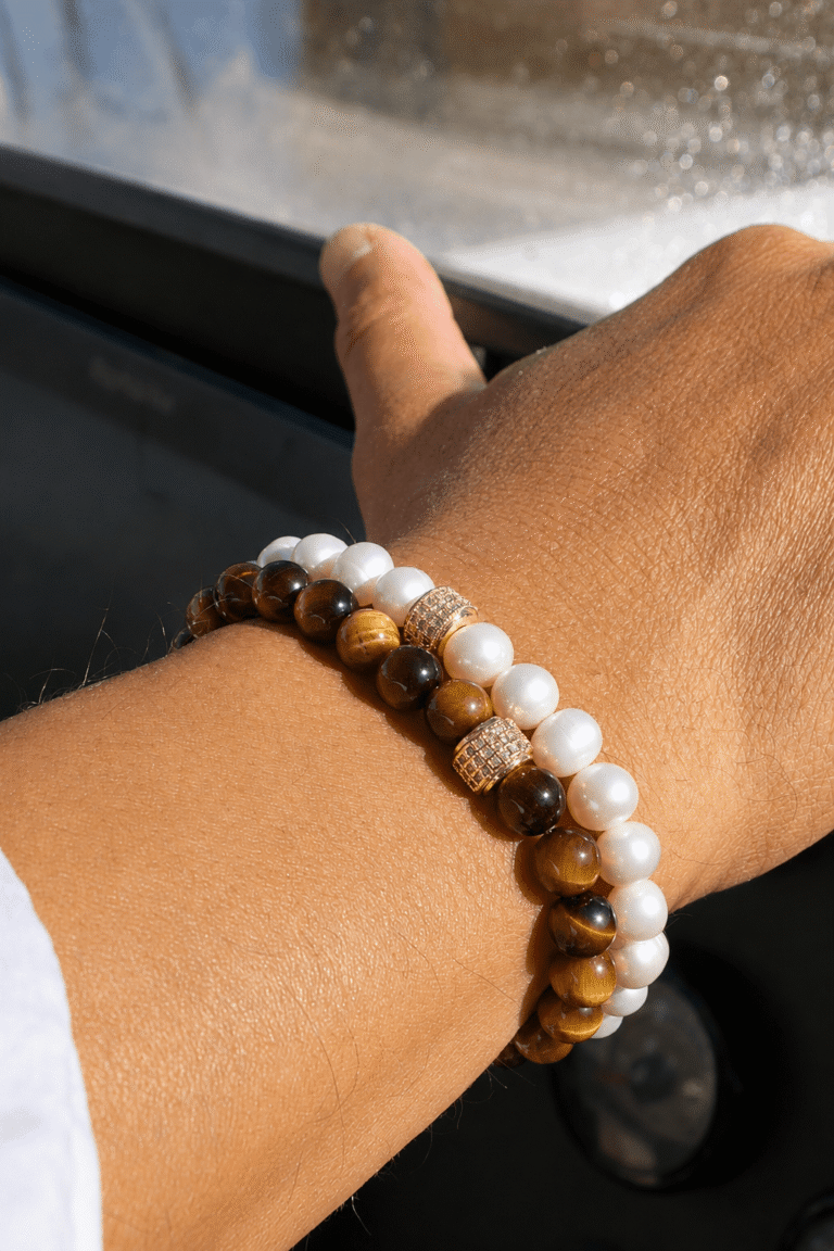 Duo Bracelets Homme Oeil de Tigre et Perles d eau douce NEIJE - Coffret Duo de Bracelets Oeil de Tigre & Perles d'eau douce - Or Jaune – XL (poignet de 19 à 21 cm)
