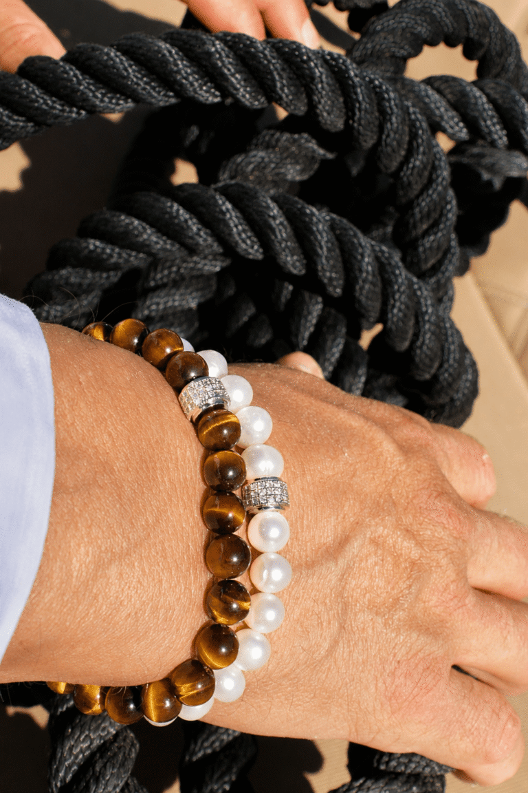 NEIJE - Coffret Duo de Bracelets Oeil de Tigre & Perles d'eau douce - Or Blanc – XL (poignet de 19 à 21 cm)