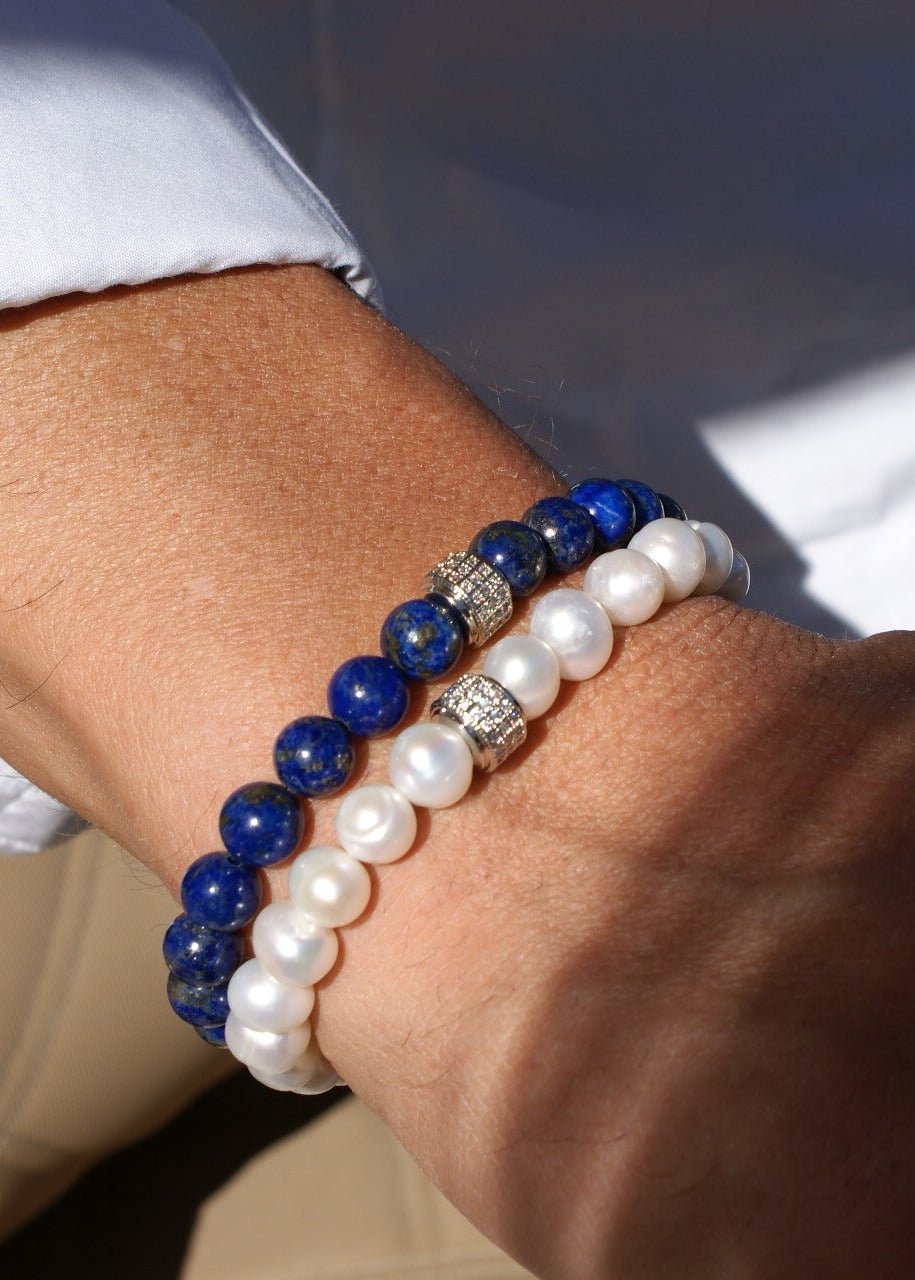 Duo bracelet lapis lazuli NEIJE - Coffret Duo de Bracelets Lapis Lazuli & Perles d'eau douce - Or Blanc – XL (poignet de 19 à 21 cm)