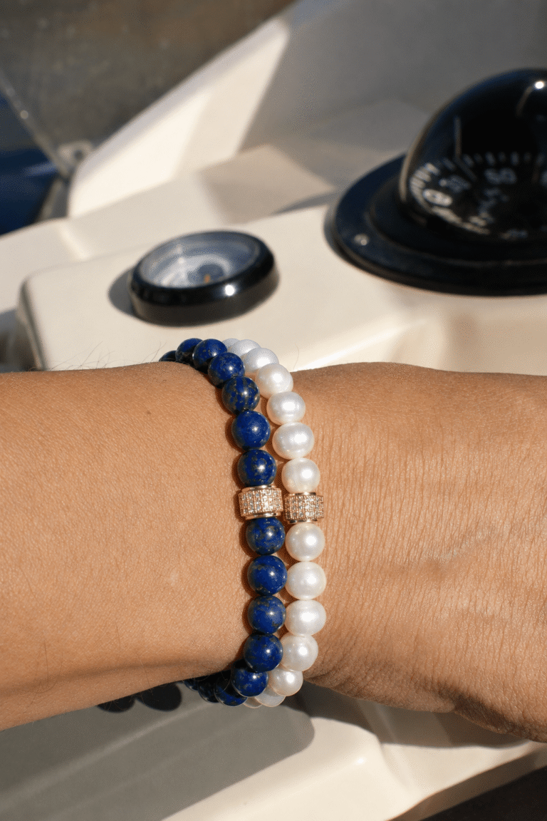NEIJE - Coffret Duo de Bracelets Lapis Lazuli & Perles d'eau douce - Or Jaune – XL (poignet de 19 à 21 cm)