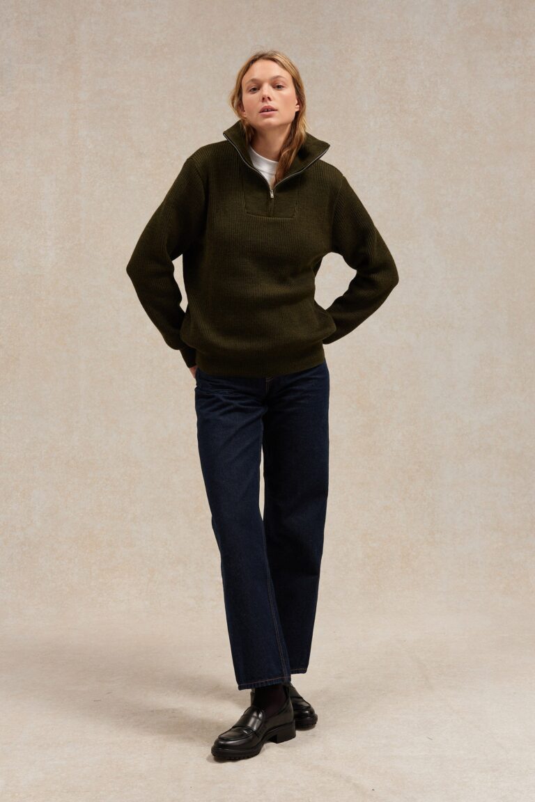 Le Minor - Pull camionneur olive en laine vierge pour femme – XXL