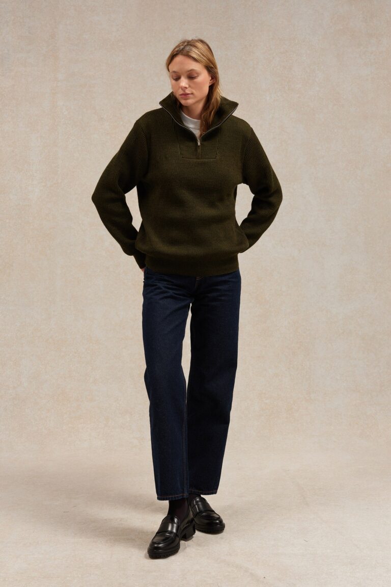 Le Minor - Pull camionneur olive en laine vierge pour femme – XXL
