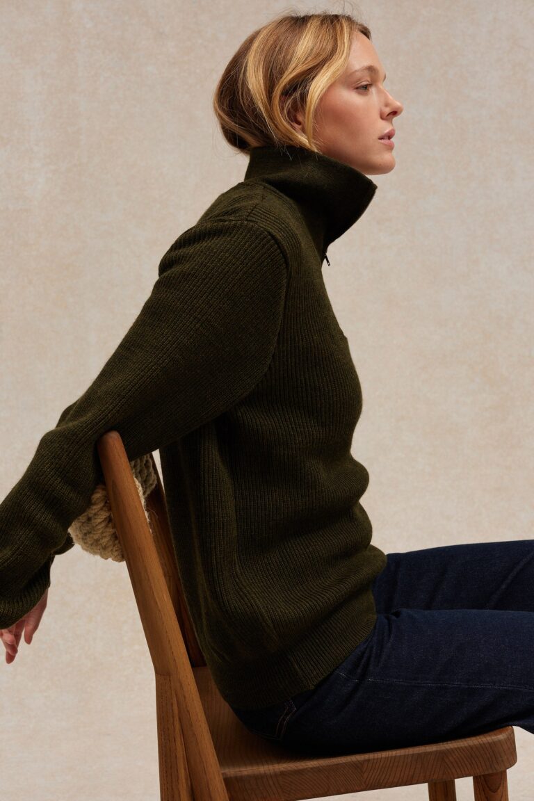 Le Minor - Pull camionneur olive en laine vierge pour femme – XXL