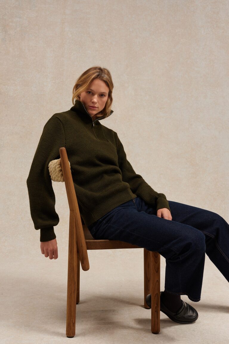 Le Minor - Pull camionneur olive en laine vierge pour femme – XXL