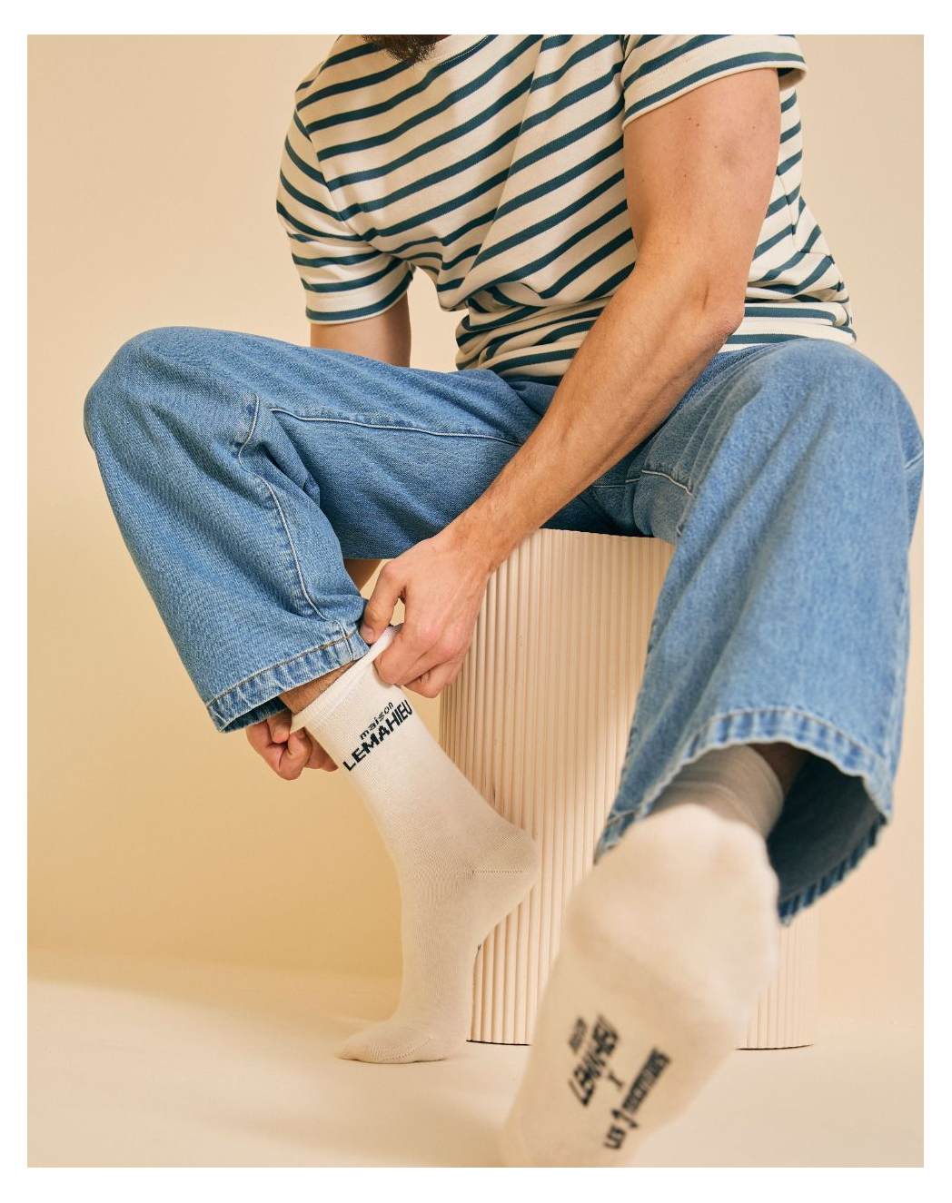chaussettes ecru marine Maison Lemahieu - Chaussettes unisexe - mi - hautes - Ecru / Marine – Taille unique
