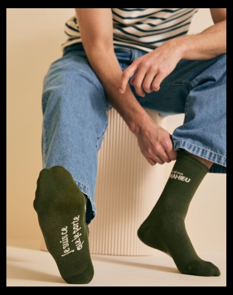Maison Lemahieu - Chaussettes unisexe Tennis - Kaki / Ecru – Taille unique