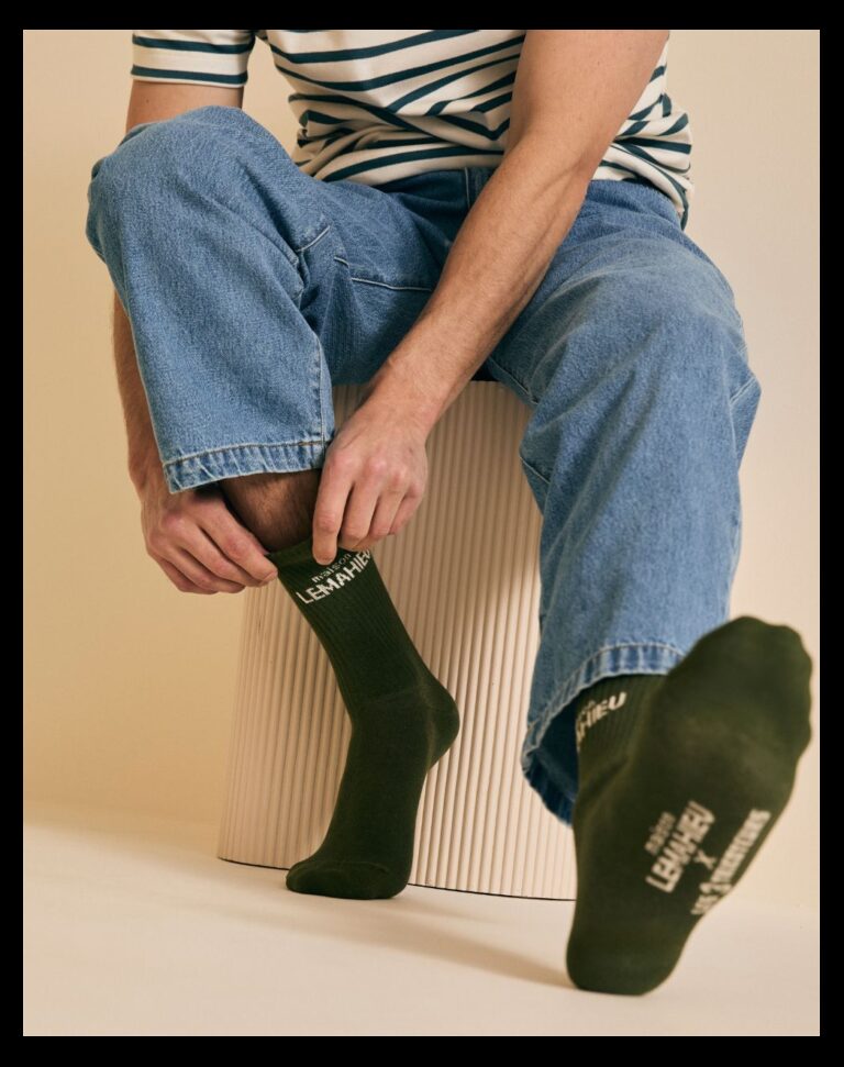 Maison Lemahieu - Chaussettes unisexe Tennis - Kaki / Ecru – Taille unique