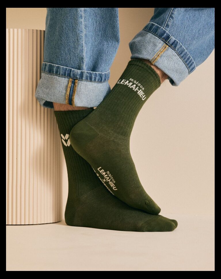 chaussettes kaki Maison Lemahieu - Chaussettes unisexe Tennis - Kaki / Ecru – Taille unique