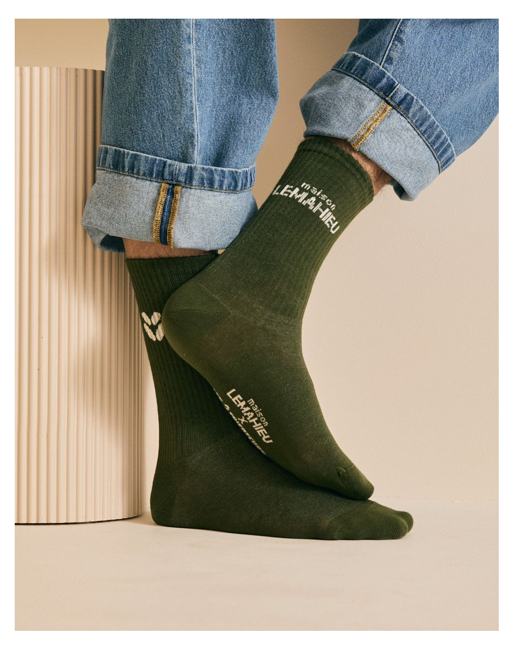 chaussettes kaki Maison Lemahieu - Chaussettes unisexe Tennis - Kaki / Ecru – Taille unique