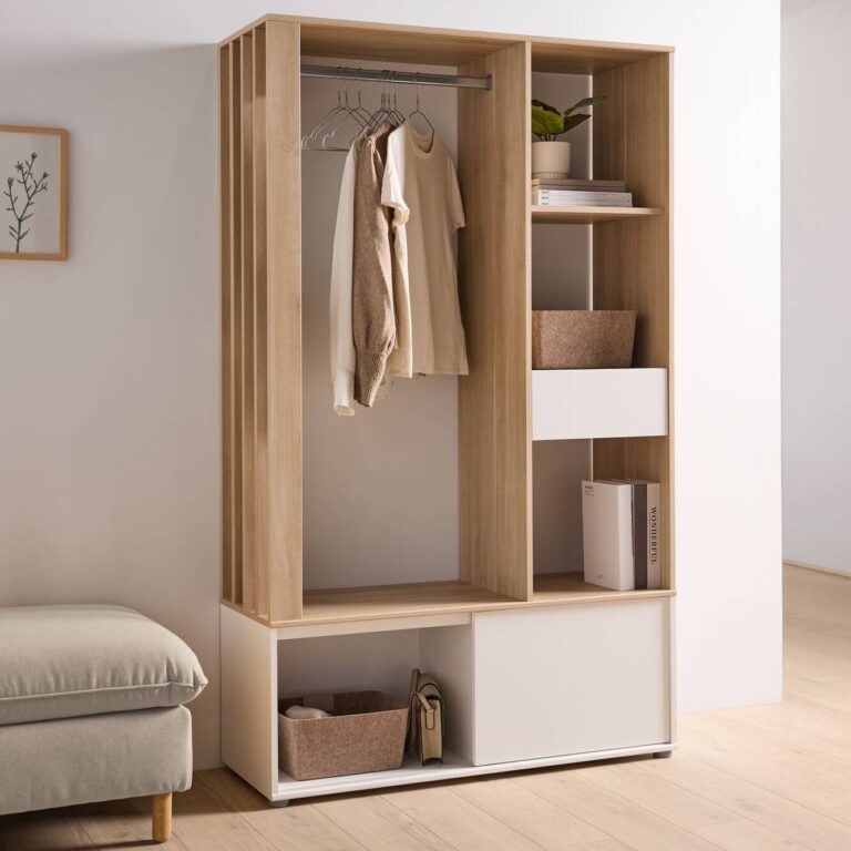 ESSENTIELS PAR CAMIF - Meuble d'entrée vestiaire blanc et  décor bois Paul