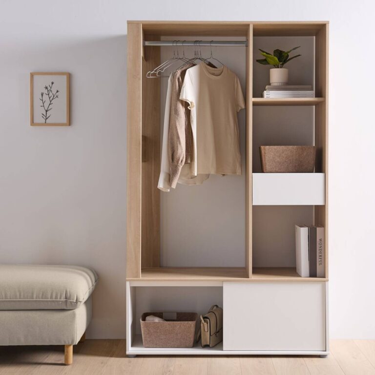ESSENTIELS PAR CAMIF - Meuble d'entrée vestiaire blanc et  décor bois Paul