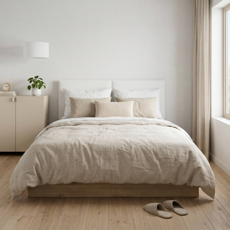 ESSENTIELS PAR CAMIF - Lit coffre décor bois avec tête de lit tissu Géorgia