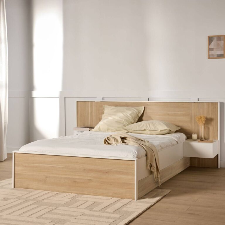 ESSENTIELS PAR CAMIF - Lit avec chevets intégrés et tiroir en option décor bois Palerme