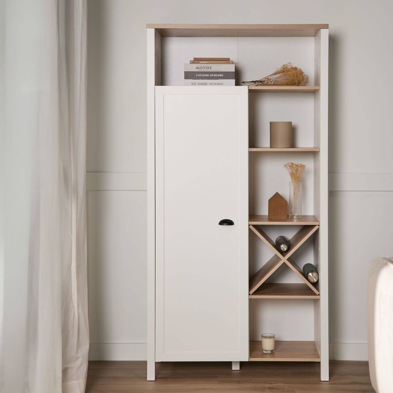 crop1592x1592@0x309 ESSENTIELS PAR CAMIF - Buffet haut blanc et décor bois 1 porte Pivoine