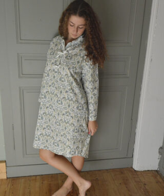 Fleurs Pois et Cie - Chemise de nuit 100% coton – Blanc/vert foncé/vert clair/Bleu ciel