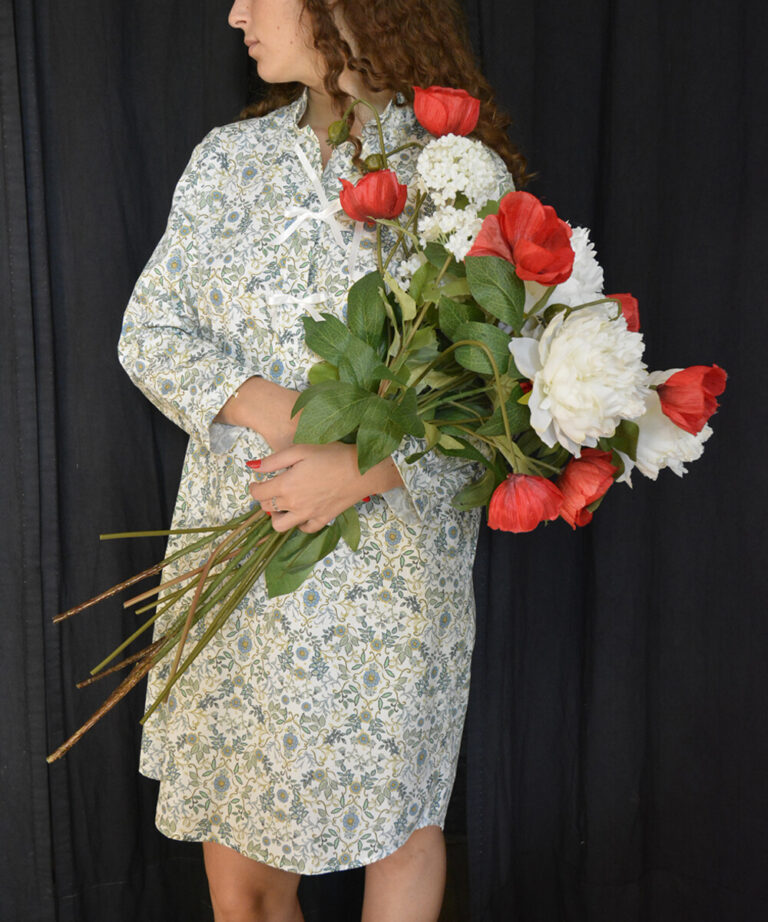 Fleurs Pois & Cie - Chemise de nuit 100% coton - Blanc/vert foncé/vert clair/Bleu ciel