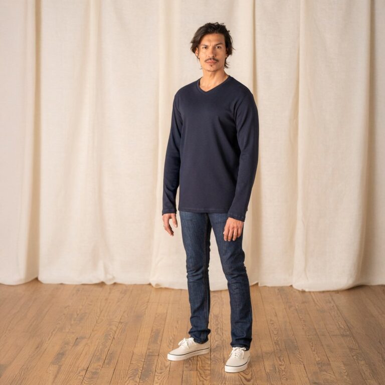 Le T-Shirt Propre - Le t-shirt en coton bio ML - Col V – Bleu marine / 3XL