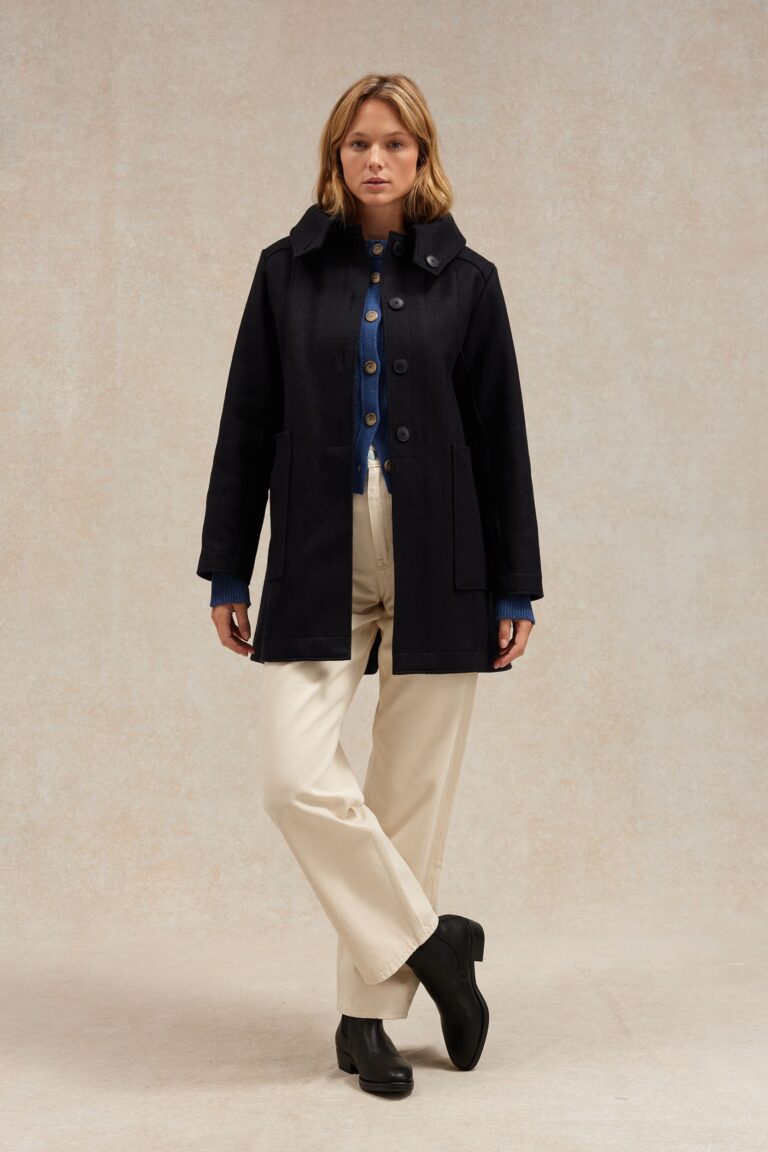 Le Minor - Manteau bleu marine 1976 en drap de laine pour femme – XL