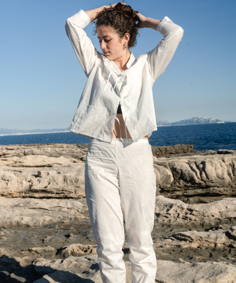 Fleurs Pois & Cie - Pantalon de pyjama femme et/ou de ville - Blanc/Beige