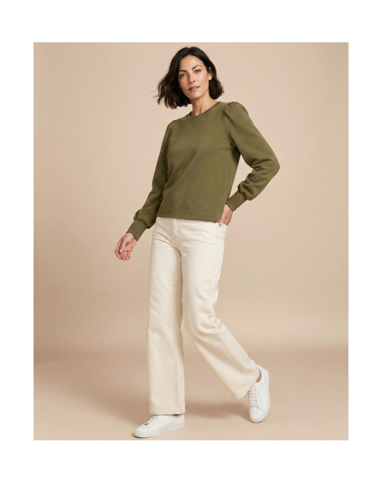 Maison Lemahieu - Sweat manches bouffantes en Coton BIO - Vert Ecorce – 2XL