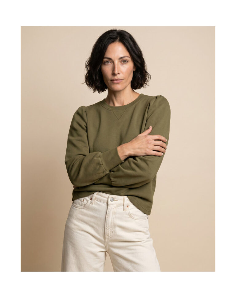 Maison Lemahieu - Sweat manches bouffantes en Coton BIO - Vert Ecorce – 2XL