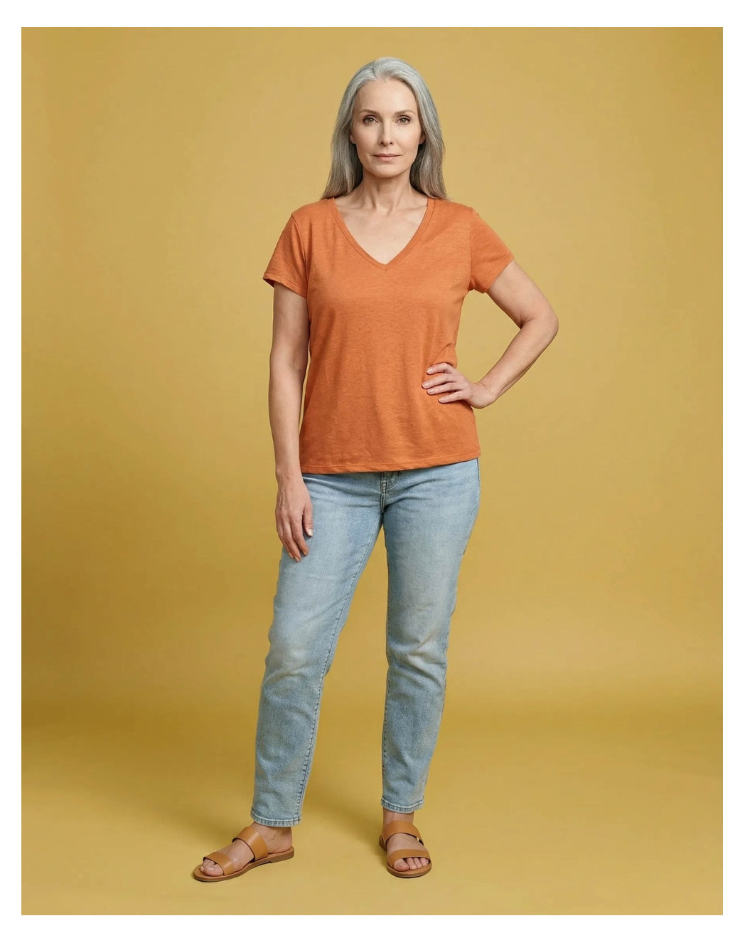 t shirt col v 100 lin ecru Orange Mandarine