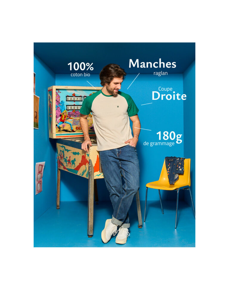 Maison Lemahieu - T-shirt manches raglan - Ecru/Vert Bouteille - Homme – XL
