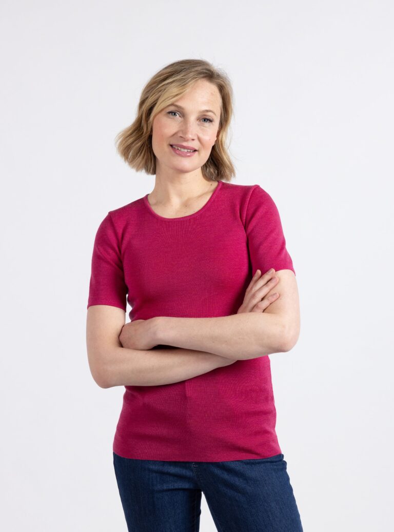 149 rose geranium 7889 bleu indigo 1 Maison Solfin - Tee-shirt femme en laine merinos rose géranium – 5