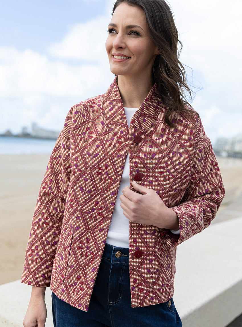 500014 veste jacquard femme ROUGE AUTOMNE coton Maison Solfin - Veste jacquard femme rouge automne – 4