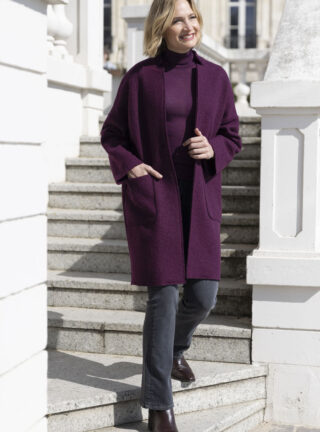 Manteau long femme en laine bouillie violet prune par la marque MAISON SOLFIN MAISON SOLFIN - Manteau long femme en laine bouillie violet prune