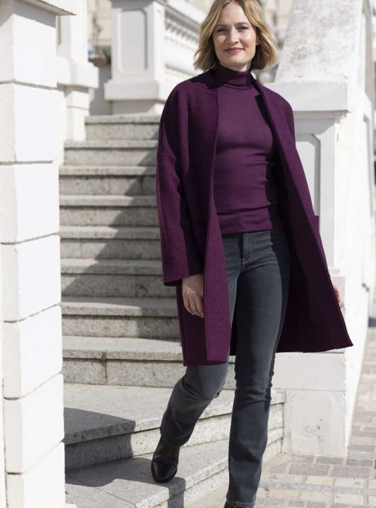 Maison Solfin - Manteau long femme en laine bouillie violet prune – 4