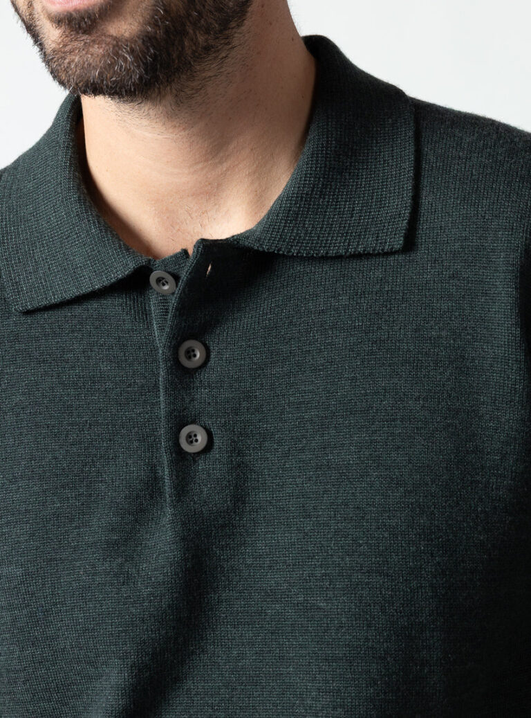 Maison Solfin - Pull col polo homme en laine merinos vert chiné – 6